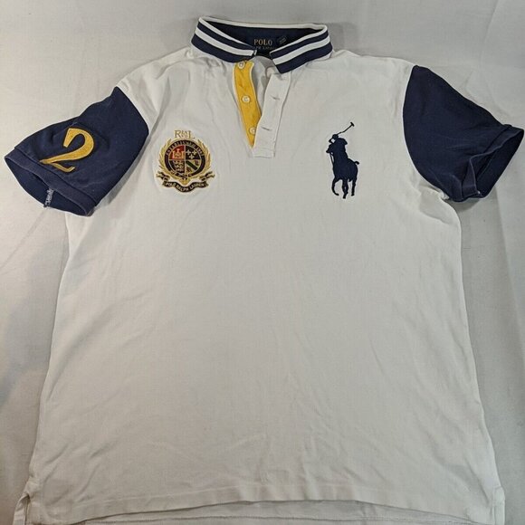 POLO Ralph Lauren Big Pony Embroidered 2 Shirt White Collared Navy Blue Slim M - Picture 1 of 16